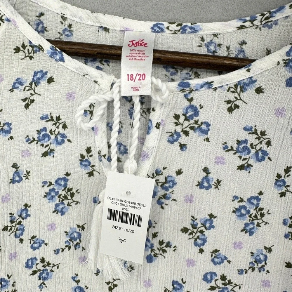 Justice Viscose White Blue Floral Tassel Tie Peplum Babydoll Top Blouse 8/20 2XL
